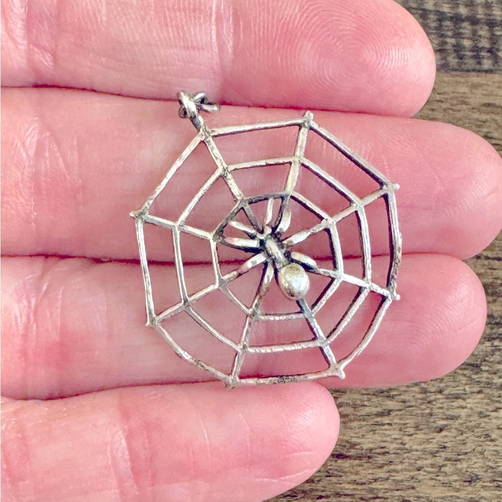 Vintage 925 spider & cobweb charm or pendant 1.25”